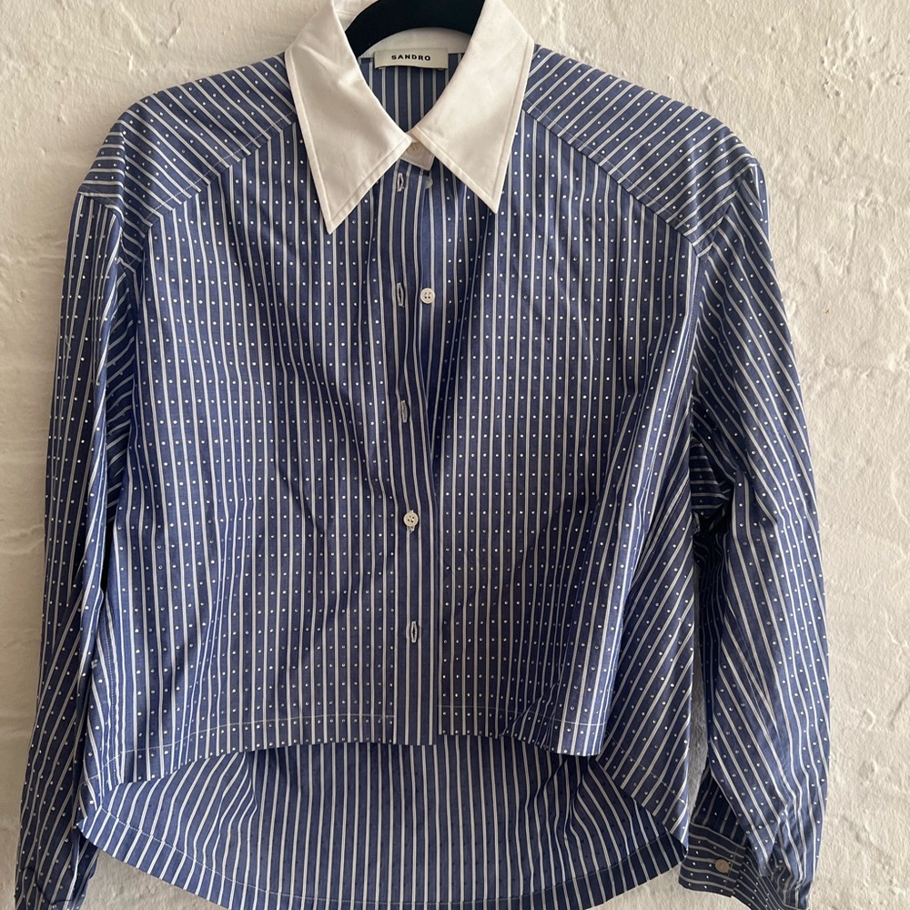 Sandro Blue and White Striped Shirt with embellishment size 0